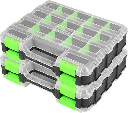 BLACK JACK Tool Box with Transparent Lid, Double Side 34-Compartments Organizer Box with Removable Dividers for Hardware, Screws, Bolts, Nails, Beads, Jewelry and Fishing Accessories, Green, 2 Pack