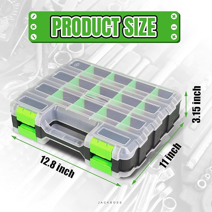 BLACK JACK Tool Box with Transparent Lid, Double Side 34-Compartments Organizer Box with Removable Dividers for Hardware, Screws, Bolts, Nails, Beads, Jewelry and Fishing Accessories, Green, 2 Pack