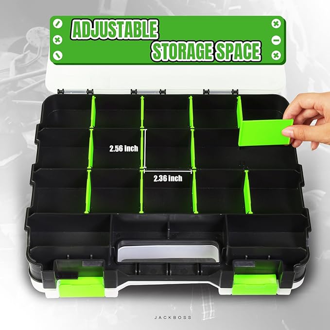 BLACK JACK Tool Box with Transparent Lid, Double Side 34-Compartments Organizer Box with Removable Dividers for Hardware, Screws, Bolts, Nails, Beads, Jewelry and Fishing Accessories, Green, 2 Pack