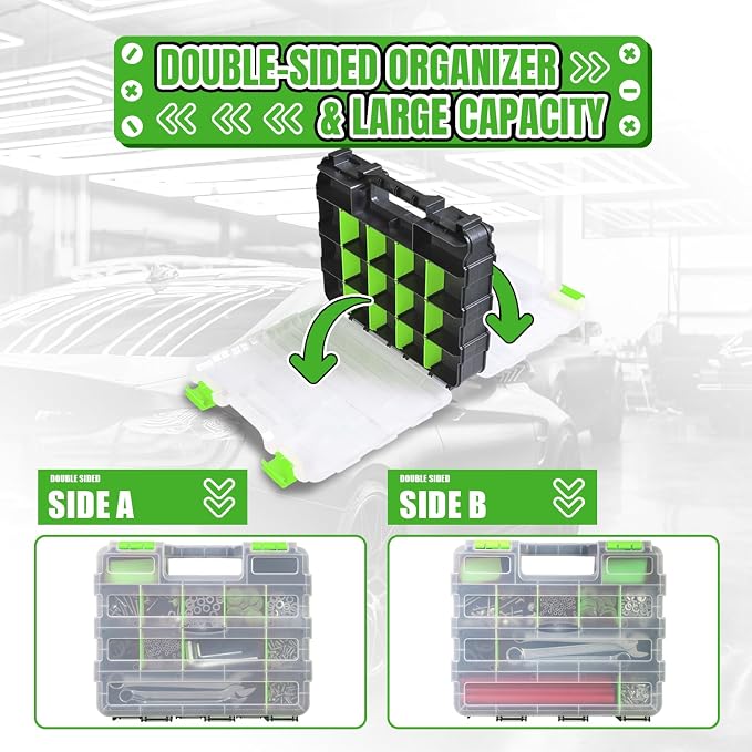 BLACK JACK Tool Box with Transparent Lid, Double Side 34-Compartments Organizer Box with Removable Dividers for Hardware, Screws, Bolts, Nails, Beads, Jewelry and Fishing Accessories, Green, 2 Pack