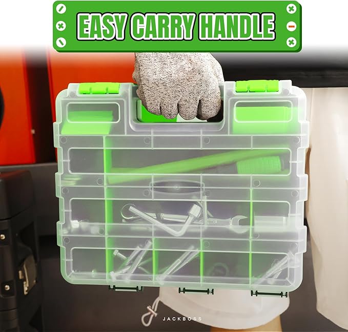 BLACK JACK Tool Box with Transparent Lid, Double Side 34-Compartments Organizer Box with Removable Dividers for Hardware, Screws, Bolts, Nails, Beads, Jewelry and Fishing Accessories, Green, 2 Pack