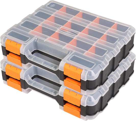 BLACK JACK Tool Box with Transparent Lid, Double Side 34-Compartments Organizer Box with Removable Dividers for Hardware, Screws, Bolts, Nails, Beads, Jewelry and Fishing Accessories, Orange, 2 Pack