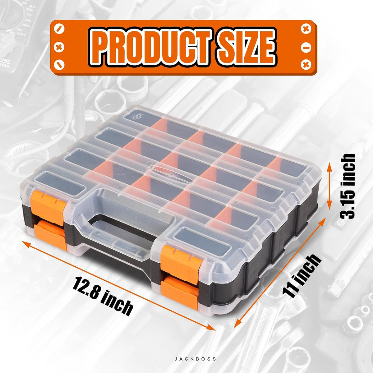 BLACK JACK Tool Box with Transparent Lid, Double Side 34-Compartments Organizer Box with Removable Dividers for Hardware, Screws, Bolts, Nails, Beads, Jewelry and Fishing Accessories, Orange, 2 Pack