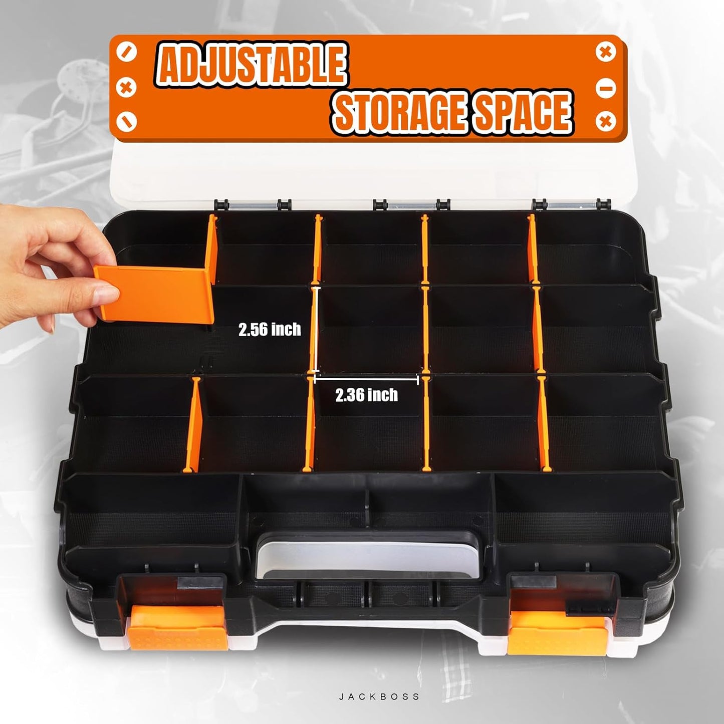 BLACK JACK Tool Box with Transparent Lid, Double Side 34-Compartments Organizer Box with Removable Dividers for Hardware, Screws, Bolts, Nails, Beads, Jewelry and Fishing Accessories, Orange, 2 Pack