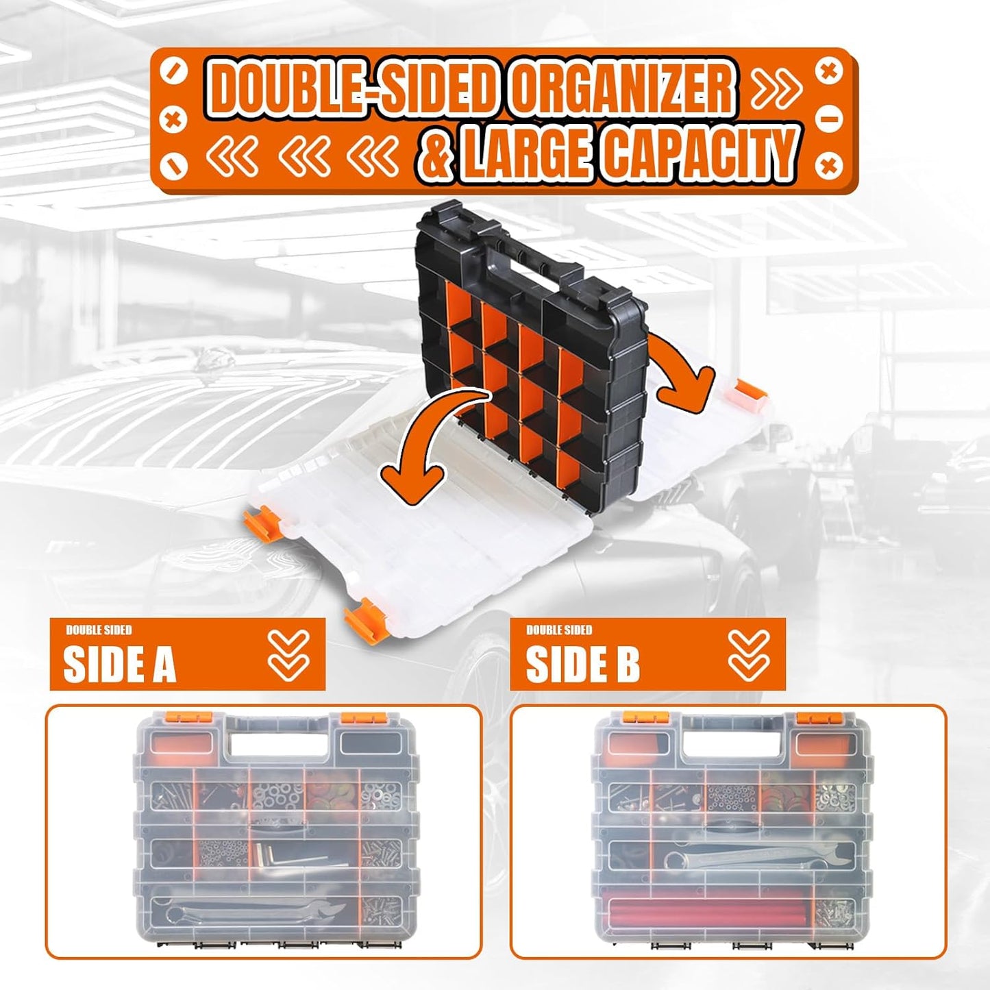 BLACK JACK Tool Box with Transparent Lid, Double Side 34-Compartments Organizer Box with Removable Dividers for Hardware, Screws, Bolts, Nails, Beads, Jewelry and Fishing Accessories, Orange, 2 Pack