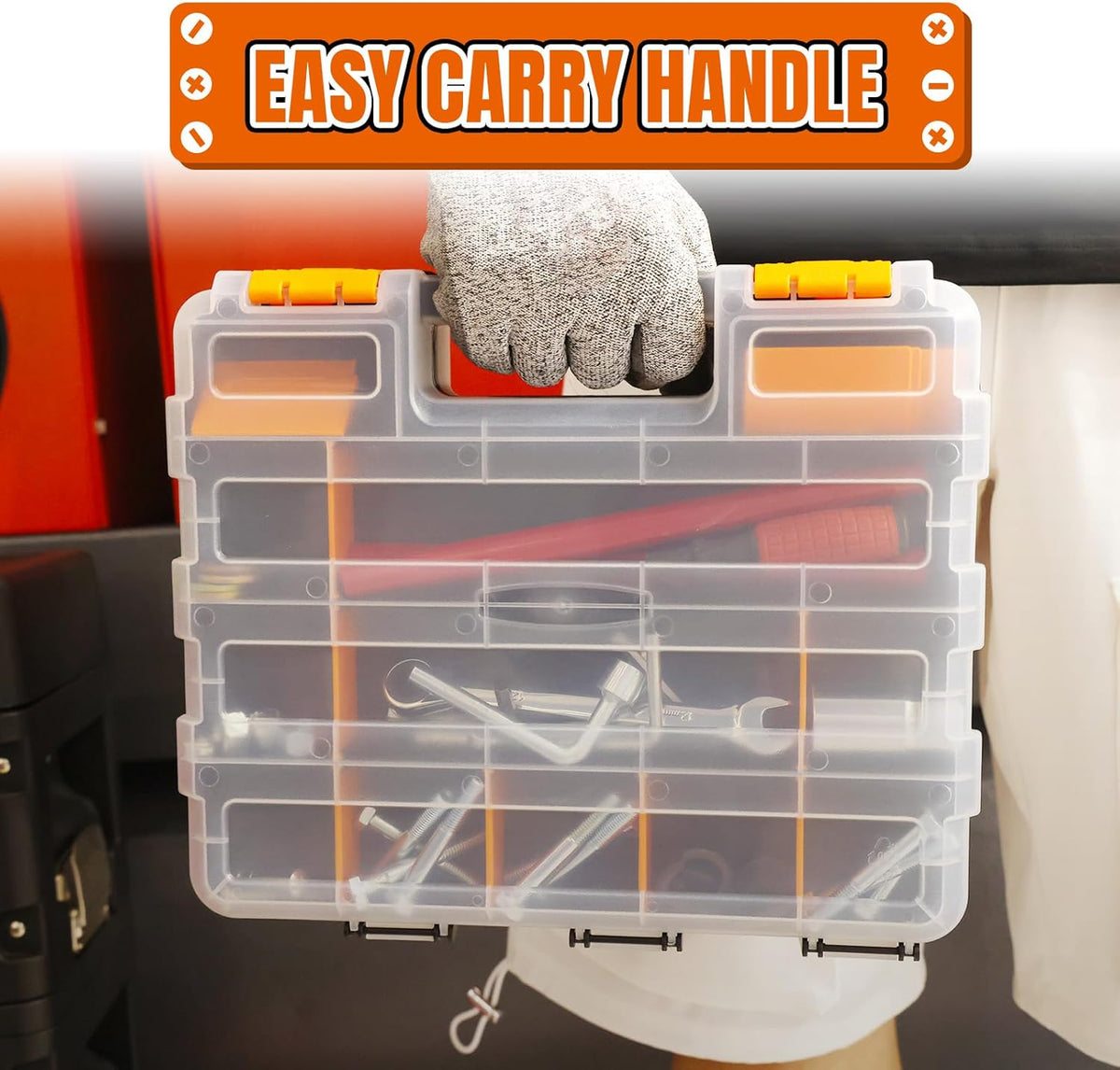 BLACK JACK Tool Box with Transparent Lid, Double Side 34-Compartments Organizer Box with Removable Dividers for Hardware, Screws, Bolts, Nails, Beads, Jewelry and Fishing Accessories, Orange, 2 Pack